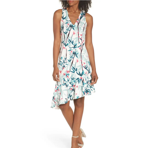 Maggy London Floral Asymmetrical Scuba Sheath Dress Multi Size 6 - Picture 1 of 3